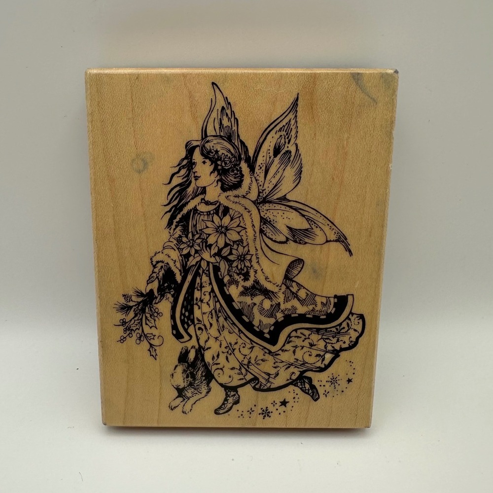 PSX Celestial Winter Fairy Angel Rabbit K-3343 Wood Mount Rubber Stamp Vintage